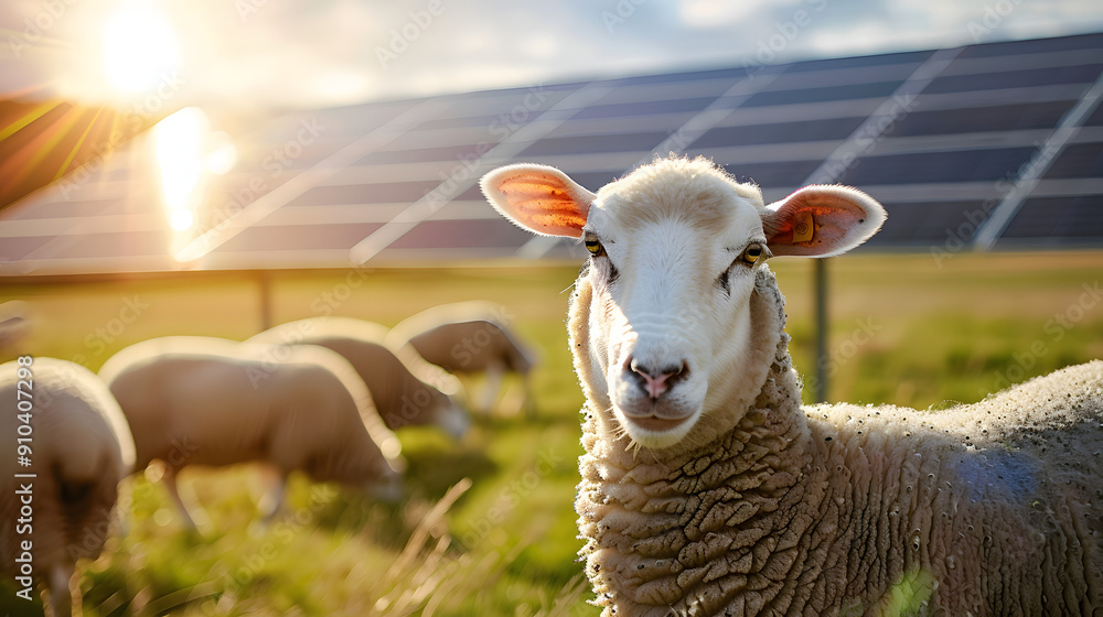 sheep in front, solar panel in background, Animal meets technologie, renewable power source, green energy from sun sheep in front, solar panel in background, Animal meets technologie, renewable power source, green energy from sun