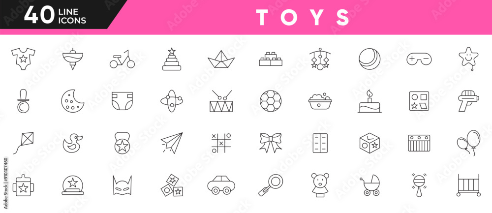 Toys line icon set. Containing Toys, Pacifier Gun, human, Spinning Tops, Game Controller, Bell, Puzzle, Rattle,Toy car, Baloon, cake Outline icon collection. UI thin line icon pack. Toys line icon set. Containing Toys, Pacifier Gun, human, Spinning Tops, Game Controller, Bell, Puzzle, Rattle,Toy car, Baloon, cake Outline icon collection. UI thin line icon pack.