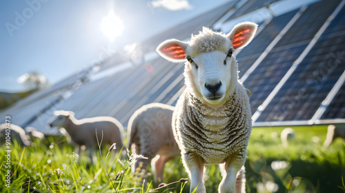sheep in front, solar panel in background, Animal meets technologie, renewable power source, green energy from sun	
