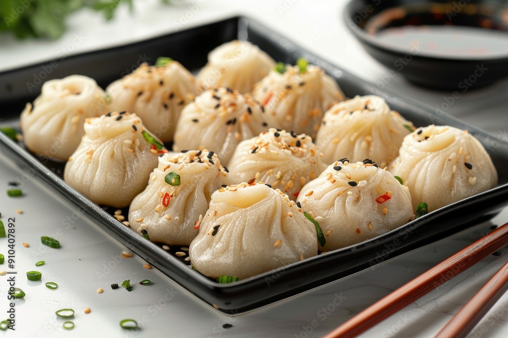 Savory dumplings garnished spices, presenting an inviting Asian cuisine dish. Savory dumplings garnished spices, presenting an inviting Asian cuisine dish.