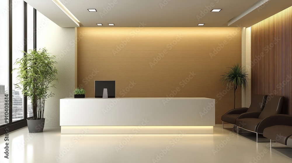 An office with a reception desk, waiting area, and office