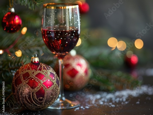 Elegant festive champagne glasses with Christmas baubles