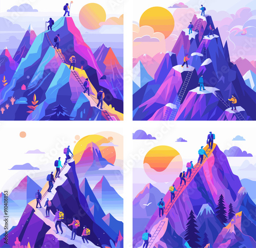 Mountaineers peak climbing cartoon vector artwork. Stone expedition pathway trees summit cooperation trekking voyage nature challenge isolated illustrations