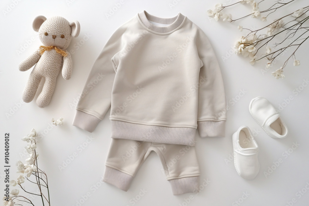 © Colinekot - Kids sweatshirt, pants, shoes and teddy bear laying on white background. Kids wear mockup, flat lay