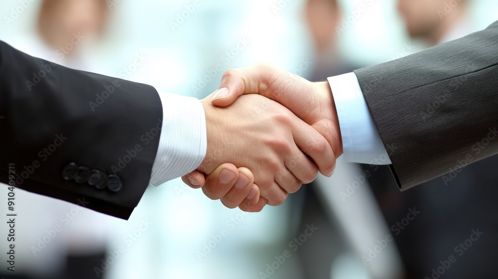Business handshake in a modern office setting, with colleagues in the background Business handshake in a modern office setting, with colleagues in the background
