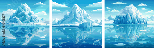 Ocean iceberg cartoon vector scenes. Snow sea clouds sky ice blue crystal azure arctic water mirror nature frozen landscape glacier winter frigid cold artworks