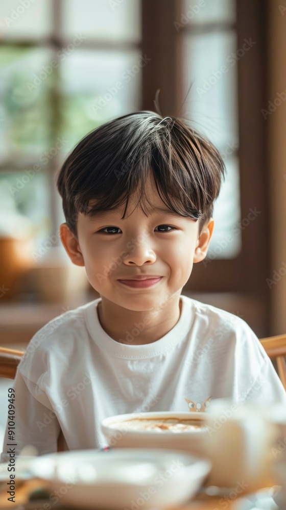A cheerful young boy enjoys his meal, smiling warmly at the camera in a bright room A cheerful young boy enjoys his meal, smiling warmly at the camera in a bright room