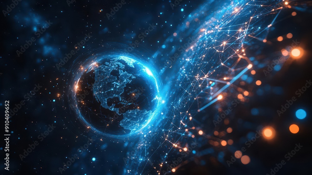 futuristic digital art depicting a glowing blue planet earth encased in an intricate network of neon data streams symbolizing global connectivity and technological advancement futuristic digital art depicting a glowing blue planet earth encased in an intricate network of neon data streams symbolizing global connectivity and technological advancement