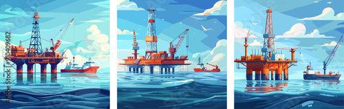 Oil platform supply sea vessels cartoon vector concepts. Rig ship crane seagulls sky clouds offshore ocean industry energy equipment construction water petroleum illustrations