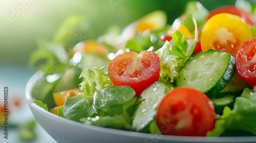 Close-up of a fresh vegetable salad featuring cherry tomatoes, lettuce, and cucumber, illuminated by natural sunlight.