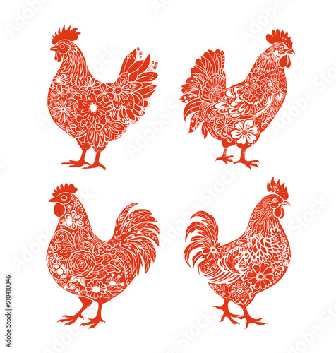 Ornate floral rooster silhouettes color ink vector collection. Birds feather farm chicken beak spurs tail flower leaf stem botany pattern illustrations isolated on white background