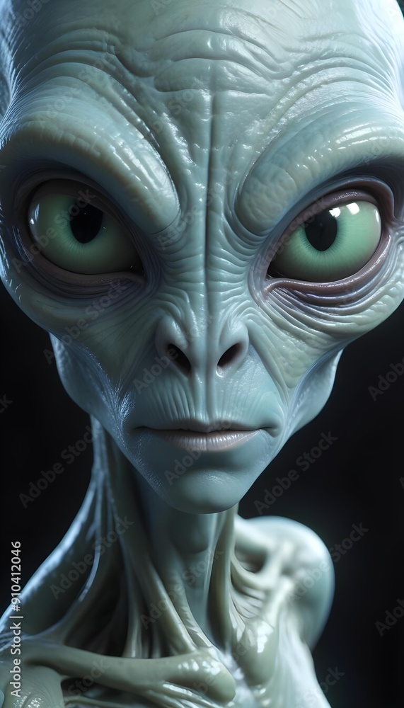 A close-up portrait of a green-skinned alien with large, expressive eyes and a distinctive facial structure. The alien appears to be male, with a bald head and a slightly wrinkled, textured skin. The A close-up portrait of a green-skinned alien with large, expressive eyes and a distinctive facial structure. The alien appears to be male, with a bald head and a slightly wrinkled, textured skin. The