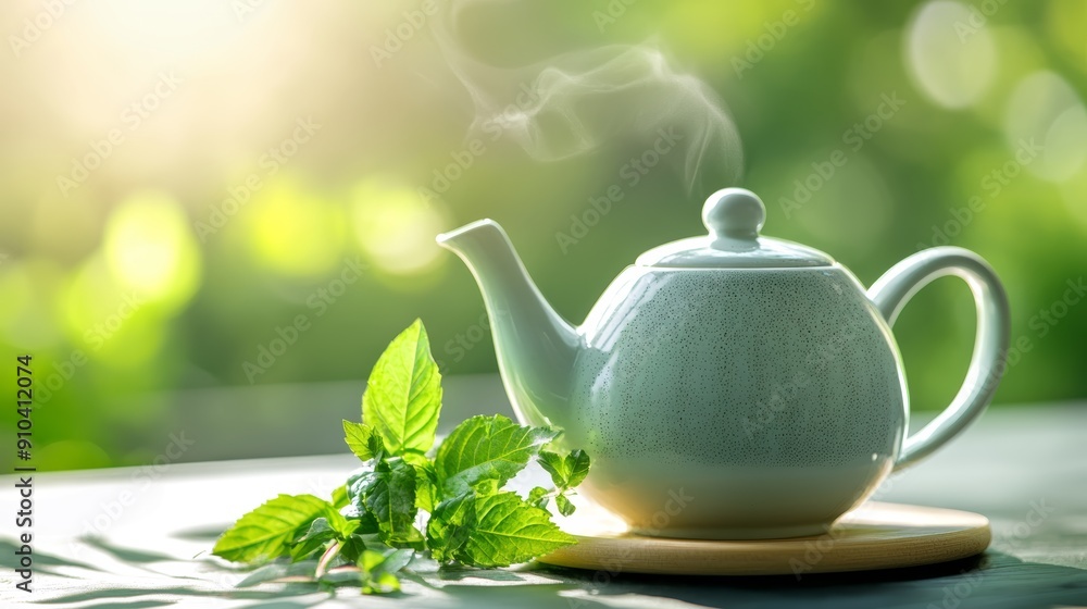 Steaming Teapot with Fresh Mint Leaves Steaming Teapot with Fresh Mint Leaves