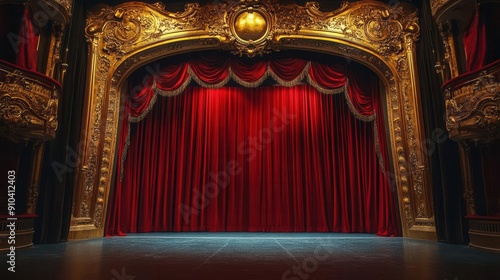 grand theater stage with rich red velvet curtains golden ornate proscenium arch frames scene dramatic lighting creates atmosphere of anticipation empty stage awaits performance photo