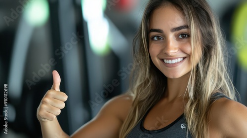 Caucasian female fitness trainer smiling at camera with thumb up in fitness background