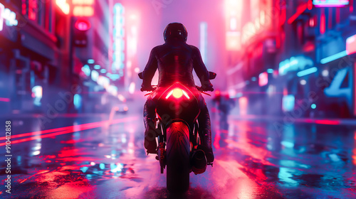 Rear view of a rider rides a motorcycle through the street