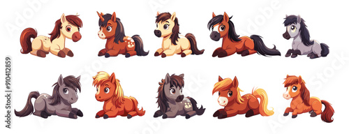 Ponies cartoon vector concepts. Little horses fur tail mane characters fairy colorful animals fantasy playful equine animation creative fun drawing children isolated illustrations