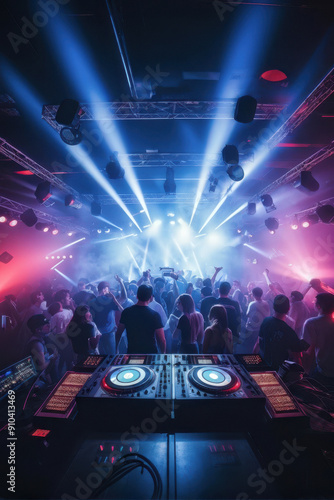 Electric Atmosphere: vibrant energy of a 90s party. Pulsating lights, laser beams, and classic DJ equipment create a nostalgic and electrifying atmosphere. generative AI