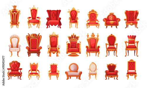 Regal chairs cartoon vector bundle. Throne ornate crimson ruby monarch queen king majesty furnishings isolated illustrations