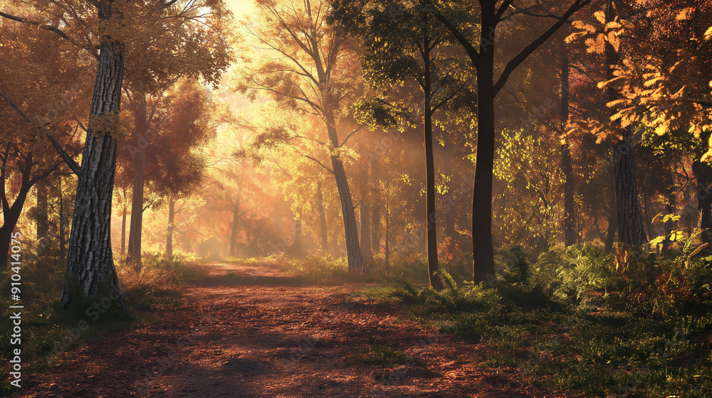 Fototapeta premium A forest with trees in the background and a path in the foreground