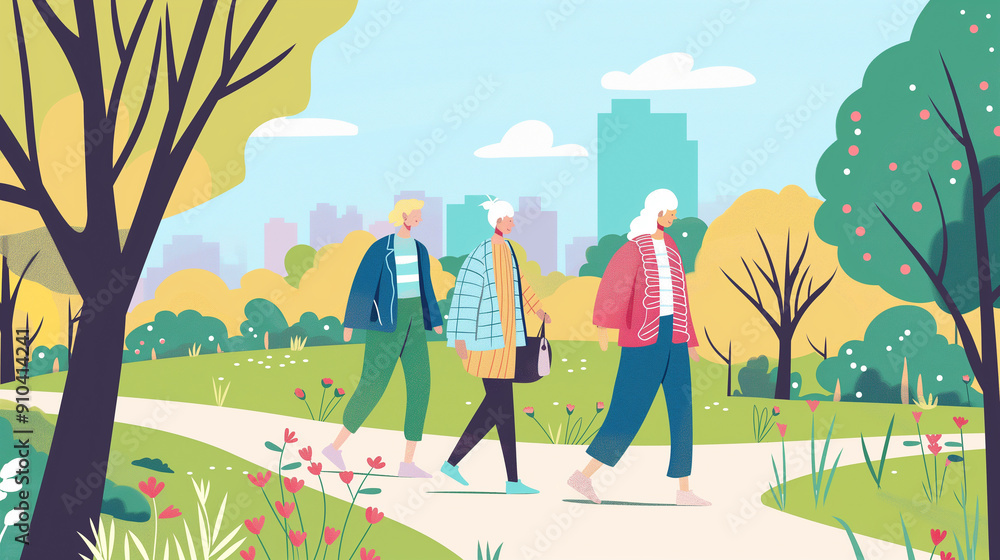 Three women walking in a park with a city in the background Three women walking in a park with a city in the background