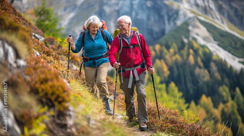 A couple of older people are hiking up a mountain trail