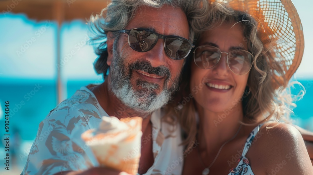 Couple savoring ice cream by the seaside Couple savoring ice cream by the seaside