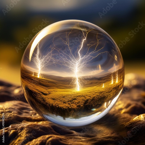 Imagine glass balls containing miniature storms, with electricity crackling between them in a mystical landscape.