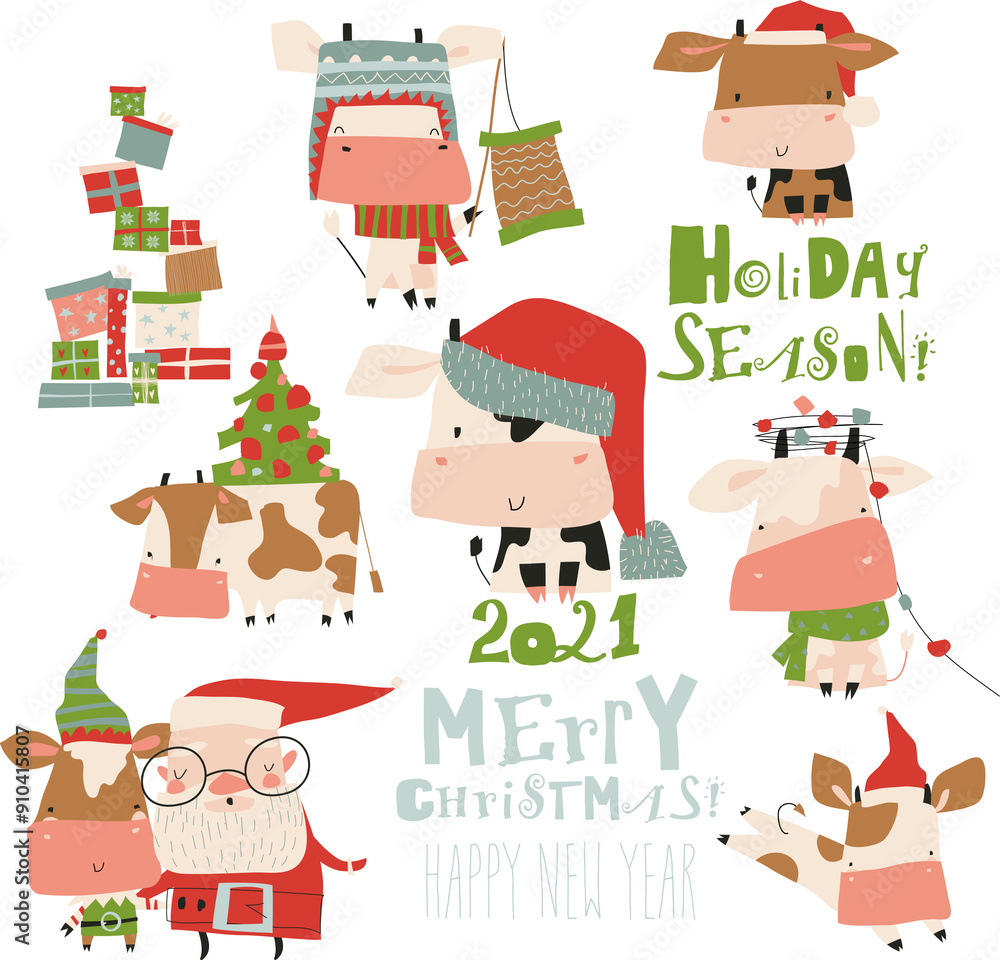 Vector set of bulls in costume and hat in different poses Vector set of bulls in costume and hat in different poses