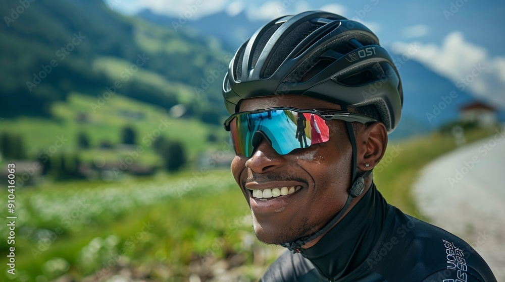 Reflective glasses-wearing cyclist enjoying a Swiss ride Reflective glasses-wearing cyclist enjoying a Swiss ride