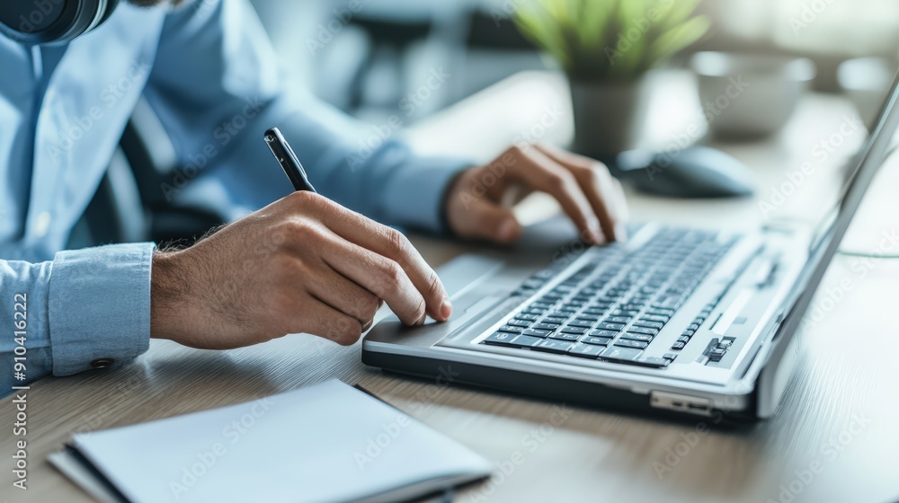 Call center agent typing on a keyboard with a headset and a notepad on the desk Call center agent typing on a keyboard with a headset and a notepad on the desk