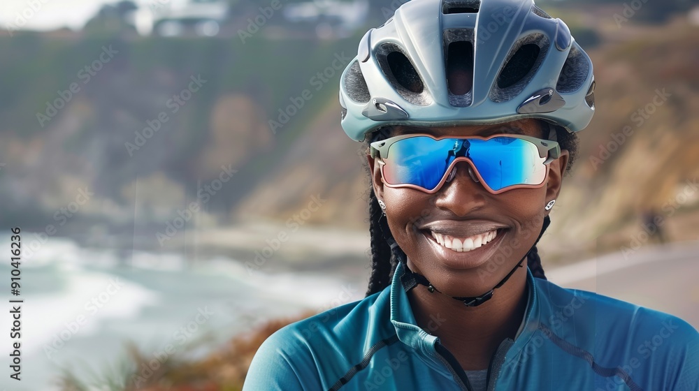Scenic beach ride with an African American woman cyclist Scenic beach ride with an African American woman cyclist