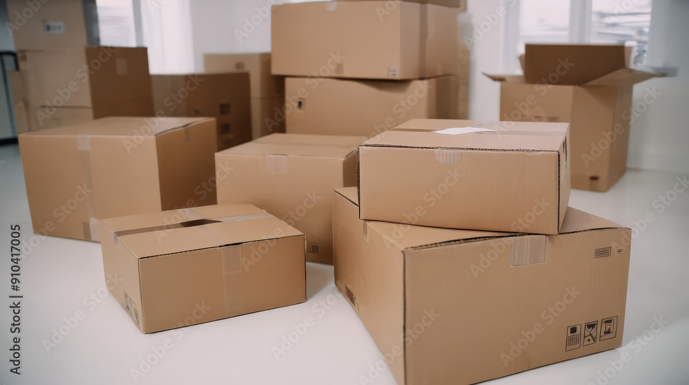 Group of Cardboard Boxes on White Floor Group of Cardboard Boxes on White Floor