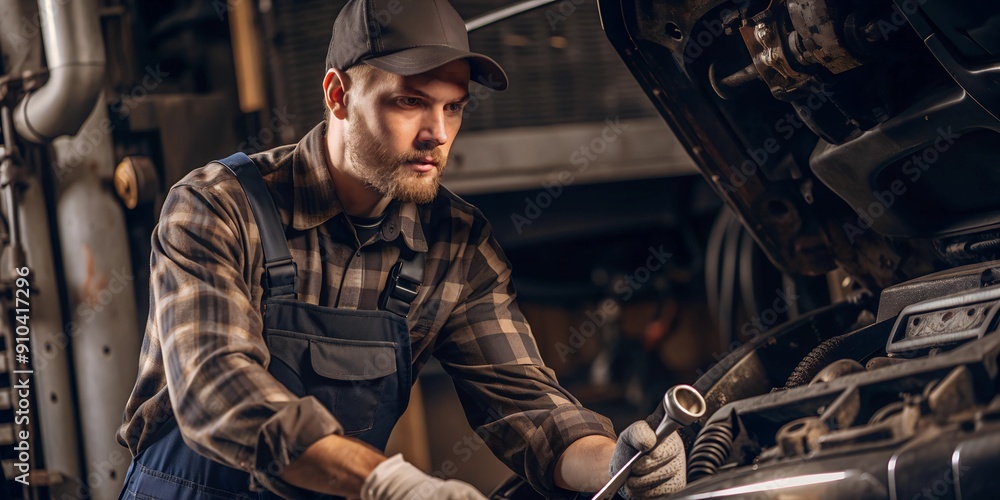 Auto service, car repair, man fixing a car in the garage, working on cars, mechanic repairing a car. Auto repair services, illustration of a service station. Auto service, car repair, man fixing a car in the garage, working on cars, mechanic repairing a car. Auto repair services, illustration of a service station.