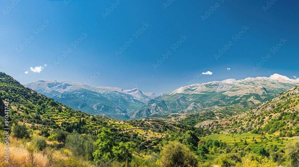 Fototapeta premium Panoramic View of Majestic Mountains and Lush Valleys Under Clear Blue Sky