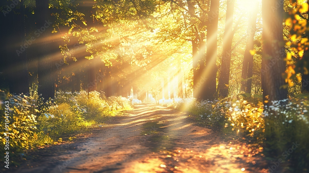 Obraz premium Sunlight Filtering Through Trees Along A Serene Forest Path At Dusk