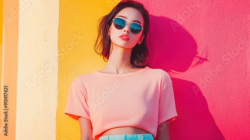 122. Half-Thai half-German woman, summer street style, high angle, symmetry, ambient light, pastel backgrounds, complementary colors