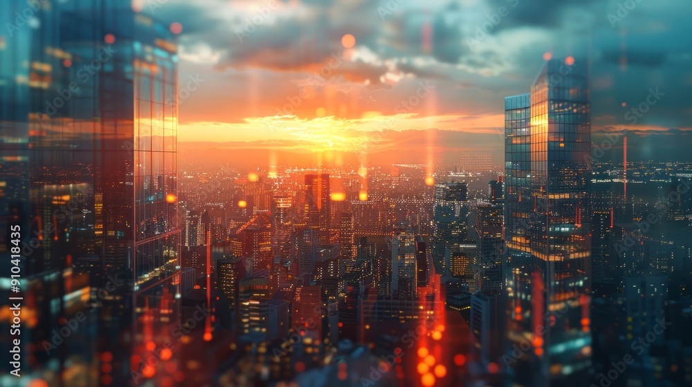Fototapeta premium A city skyline with tall skyscrapers and a beautiful sunset reflecting off the glass buildings, creating a warm and picturesque atmosphere.