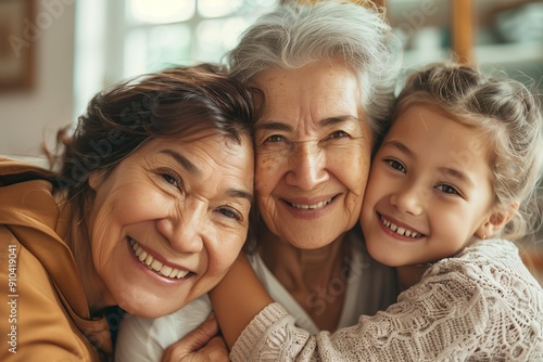 Three generations of women celebrating Women s Day, featuring a grandmother, mother, and granddaughter together, joyful and loving atmosphere, high resolution, photo