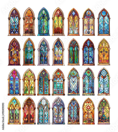 Stained glass windows cartoon vector concepts. Crystal church gothic intricate decor cathedral antique mosaic traditional art medieval patterns arched elements, isolated on white background