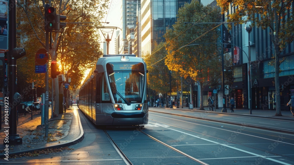 Obraz premium A tram system connecting key areas of a city, reducing traffic congestion and emissions