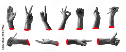 Trendy Collection of Hand Collage of different shapes on white background for posters, banners, advertising, social media, web. Vector illustration set hands cut from  photo. Modern digital elements. 
