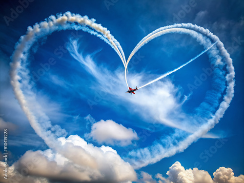 Aerial stunt plane performs a daring heart-shaped loop, trailing a wispy cloud of smoke against a brilliant blue sky with puffy white clouds. photo