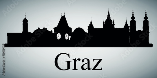 The city skyline. Graz. Silhouettes of buildings. Vector on a gray background