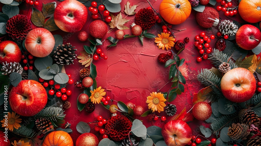 Autumn-themed arrangement with apples, pumpkins, and berries on a red background, perfect for seasonal banners, fall festival promotions, or Thanksgiving designs with ample copy space for text.
Autumn-themed arrangement with apples, pumpkins, and berries on a red background, perfect for seasonal banners, fall festival promotions, or Thanksgiving designs with ample copy space for text.