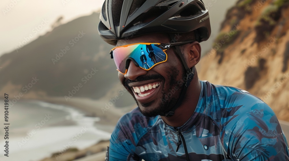Happy cyclist with seashore views Happy cyclist with seashore views