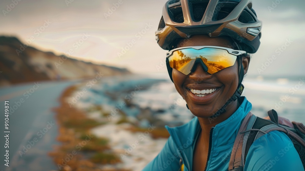 Joyful African American cyclist enjoying the beachside Joyful African American cyclist enjoying the beachside