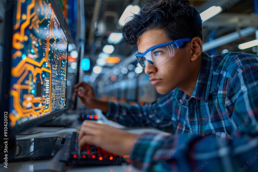 Portrait of a Hispanic Industrial Engineer Creating 3D Circuit Board Model in Factory Technology Center Portrait of a Hispanic Industrial Engineer Creating 3D Circuit Board Model in Factory Technology Center
