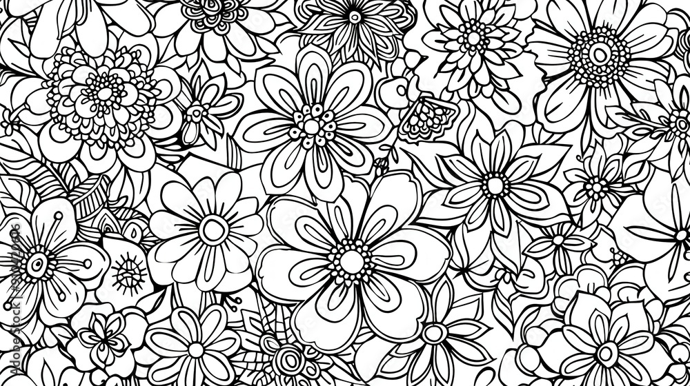 Obraz premium Intricate Floral Pattern Featuring Various Flowers in Black and White Design for Relaxation and Creativity