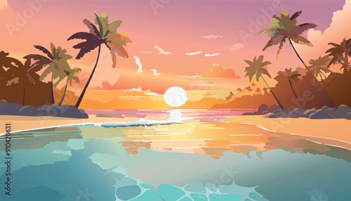 Tropical Beach Sunset Illustration with Swaying Palm Trees, Calm Ocean Waters, and a Vibrant Colorful Sky